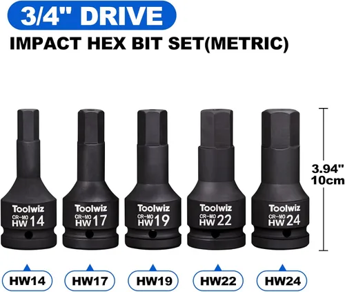 Miniatura 2 de Toolwiz Juego de brocas hexagonales de impacto de 3/4 de pulgada, 5 piezas métricas 0.551 in-0.945 in, acero Cr-Mo, construcción de una pieza, juego