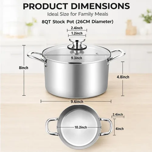 Miniatura 2 de TeamFar Olla de 8 cuartos de galón, olla de cocina de pasta de acero inoxidable de tres capas con tapa de vidrio, para estufas de cerámica de gas