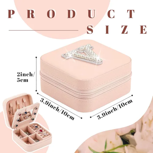 Miniatura 2 de Joyero de viaje con inicial, mini organizador de joyas rosa con espejo, anillo de viaje, aretes, soporte de joyería para mujeres, niñas, mamá