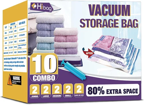 Miniatura 14 de HIBAG Bolsas de Almacenamiento al Vacío con Sellado, 10 Bolsas Jumbo Ahorradoras de Espacio con Sellador al Vacío para Ropa, Edredones, Mantas, Ropa