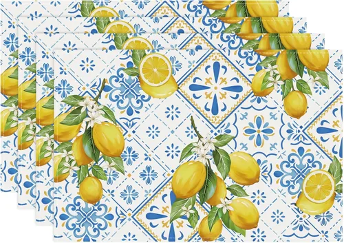 Bonhause Juego de 4 manteles individuales de verano de limón de 12 x 18 pulgadas, azulejos italianos azules, limones, frutas amarillas,