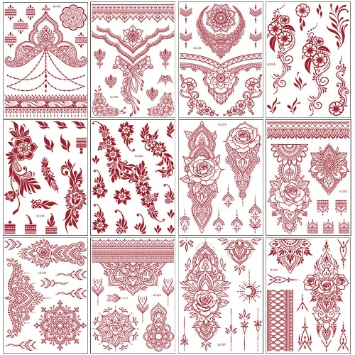 12 Sheets Henna Temporary Tattoo Stickers, Waterproof Lace Pattern Tattoos Mystery Flower Body Art Henna Sticker for Women Wedding Party