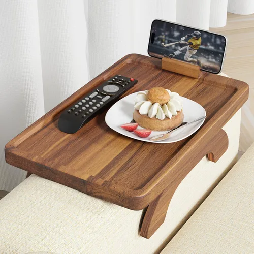Miniatura 13 de BLUEWEST Bandeja para reposabrazos de sofá, mesa bandeja de madera de acacia que se engancha al brazo del sofá con soporte giratorio de 360°