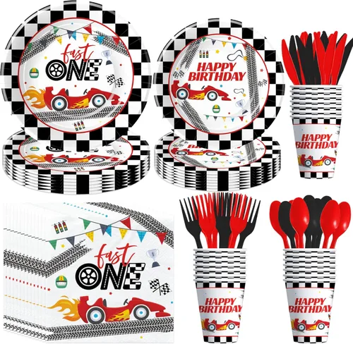 Xigejob Suministros para fiesta de primer cumpleaños de coche de carreras, decoración rápida de un cumpleaños, vajilla, plato de papel, servilleta,