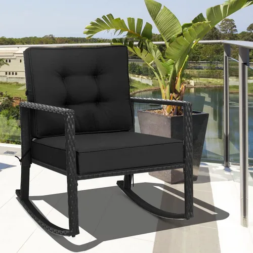 Miniatura 2 de HAPPYGRILL Mecedora de mimbre, silla mecedora de patio al aire libre con marco resistente, cojín grueso, mecedora de ratán para patio trasero