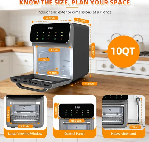 Miniatura 2 de Combo de horno freidora de aire 10 en 1, freidora de aire de convección de encimera, horno con tostadora ventana transparente para la familia