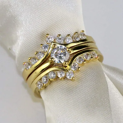 Miniatura 4 de Juego de 3 anillos de boda chapados en oro blanco para mujer, anillos de compromiso redondos de circonita azul