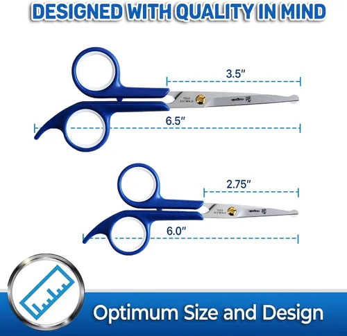 Miniatura 3 de Pet Magasin Tijeras japonesas de acero inoxidable (2) para vello facial y más grandes para recortar el cuerpo con punta redonda (azul)