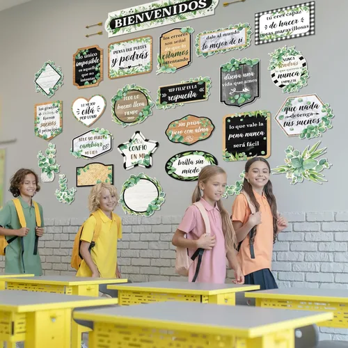 Miniatura 6 de Pasimy 24 carteles inspiradores en español Bienvenidos para el aula, carteles motivacionales de eucalipto, juego de tablones de anuncios