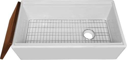 Miniatura 6 de Whitehaus Collection Juego de fregadero reversible de arcilla refractaria de un solo tazón con un delantal frontal liso, tabla de cortar de madera