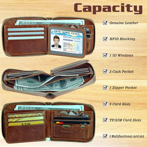 Miniatura 39 de Admetus Billeteras con bloqueo RFID para hombre, billetera de cuero con cremallera para hombres con tarjetero RFID plegable