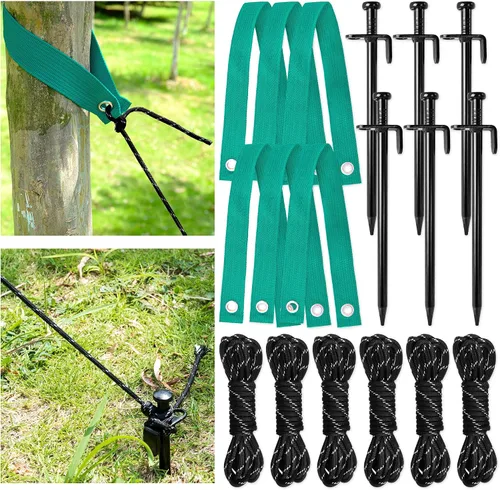 Paquete de 18 juegos de estacas de acero resistente con correas para árboles, incluye 6 correas de árbol de 15.5 pulgadas y estacas y cuerda de