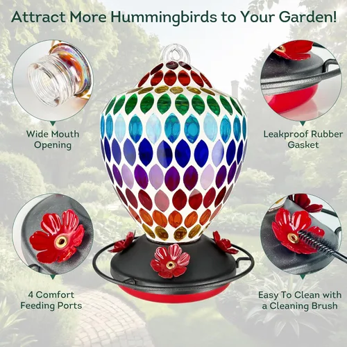 Miniatura 3 de Lily's Home Comedero para colibríes de vidrio de mosaico de 35 onzas, decoración colorida de jardín, boca ancha fácil de rellenar, incluye gancho