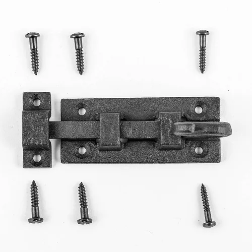 Miniatura 15 de Renovators Supply Manufacturing Pestillo de cerradura de puerta de 4 pulgadas. Pestillo de perno deslizante de hierro forjado negro con accesorios