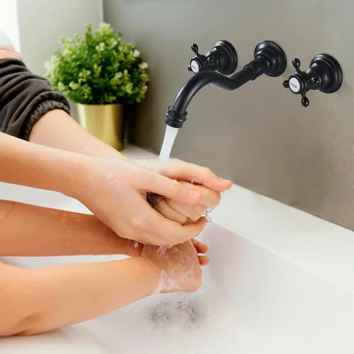 Miniatura 9 de Midanya Grifo de fregadero de baño extendido para montaje en pared, 3 agujeros, 2 pomos cruzados, latón lavabo mezclador, boquilla mezcladora, doble
