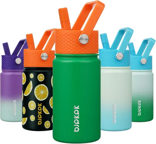 Miniatura 34 de BJPKPK Botella de agua aislada con tapa con pajilla, bonitas botellas de agua de 15 onzas, termo de metal de acero inoxidable, vasos reutilizables