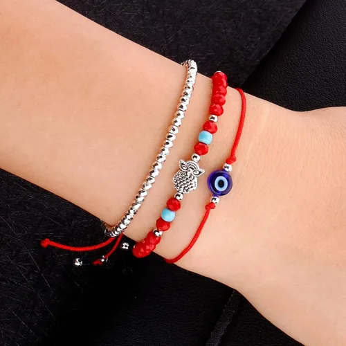 Miniatura 35 de SUMMER LOVE Juego de 4 pulseras contra el mal de ojo, color negro y rojo, protección de la suerte, pulseras ajustables hechas a mano para mujeres