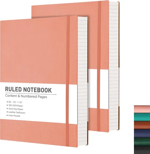 Miniatura 8 de RETTACY Cuaderno rayado, 2 paquetes, 204 páginas numeradas por paquete, B5 mediano 17.6 x 25 cm, tapa blanda de cuero, papel grueso de 100 g/m²