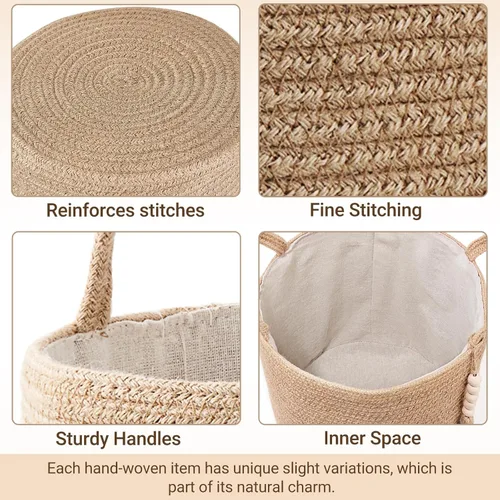 Miniatura 7 de Mkono Cesta Alta de Mimbre para Ropa Sucia Cesta de Almacenamiento Tejida Cesta Decorativa de Cuerda Natural Decoración de Cuentas de Madera