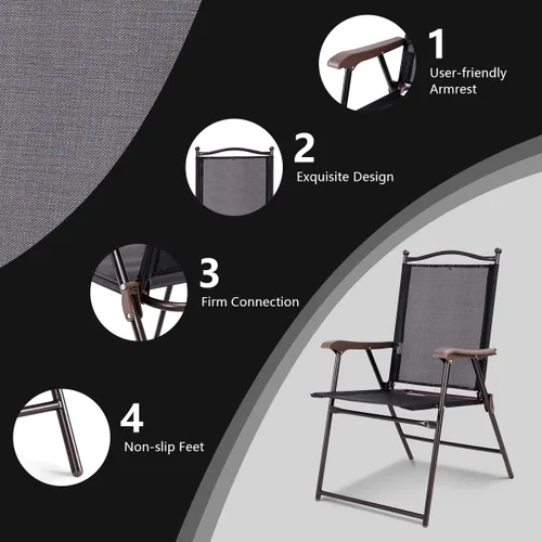 Miniatura 5 de TANGZON Set of 2 Folding Garden Chairs, Portable Steel Frame High Back Chair Set with Armrests, Indoor Outdoor Weather Resistant Dining Seat for