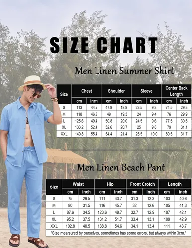 Miniatura 7 de COOFANDY Conjunto de 2 piezas de lino para hombre, conjunto de camisa y pantalón con botones para la playa