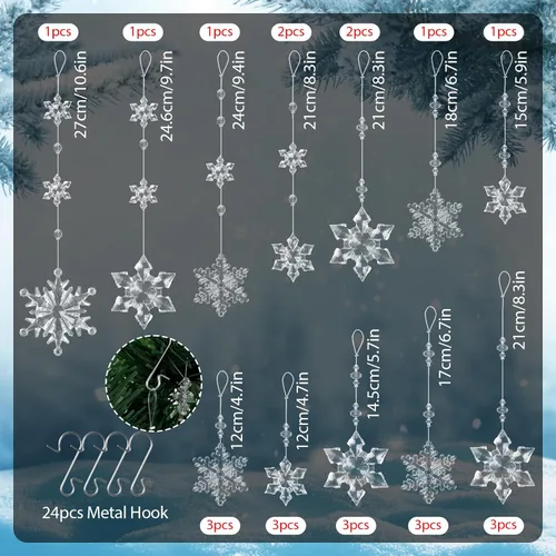 Miniatura 3 de OuMuaMua 24 adornos de copo de nieve de cristal de Navidad para decoraciones de árbol de Navidad, adornos acrílicos transparentes colgantes