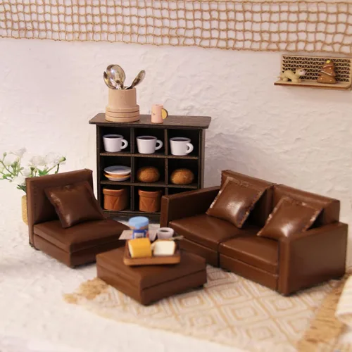 Miniatura 10 de Sofá de cuero para casa de muñecas en miniatura, a escala 1:12, juego de muebles de mini sofá con cojines para figura de muñeca de 3 a 6 pulgadas