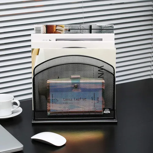 Miniatura 9 de Delifox Organizador de escritorio inclinado, soporte de archivos de 5 secciones con bandeja vertical para carpetas, estante de metal clasificador