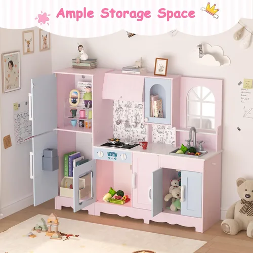 Miniatura 8 de BRINJOY Juego de cocina para niños, juego de cocina de madera para niños con grifo, fregadero, estufa, horno, ventana, utensilios de cocina, Rosa