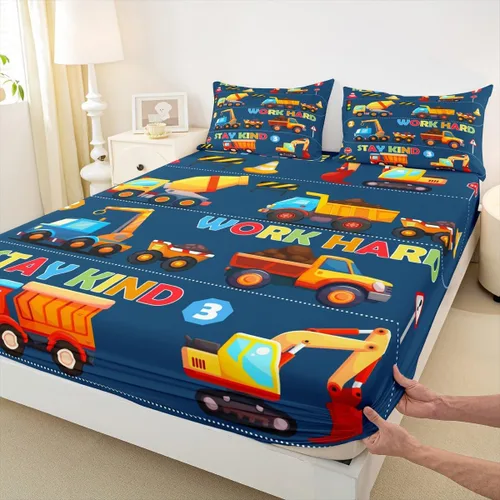 Manfei Sábana bajera ajustable de dibujos animados para niños, tamaño individual, bonito juego de ropa de cama con excavadora, camión, tractor,