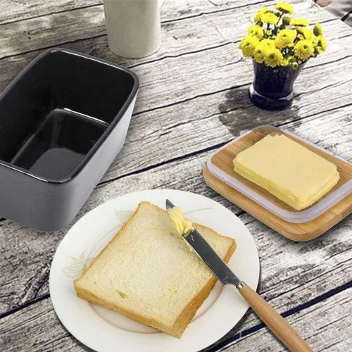 Miniatura 6 de Mantequillera con tapa y cuchillo, recipiente de cerámica para mantequilla con tapa de bambú para encimera, platos de mantequilla más grandes