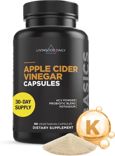 Livingood Daily Cápsulas de vinagre de sidra de manzana con la madre (1500 mg) – Pastillas ACV con probióticos y potasio para mujeres y hombres –