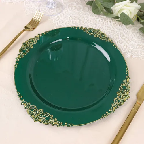Miniatura 26 de Tableclothsfactory Paquete de 10 platos redondos de plástico barroco dorado de 8 pulgadas para ensalada de postre, vajilla desechable con borde