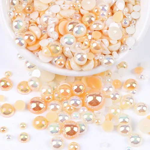Miniatura 28 de Perlas con parte trasera plana para manualidades, 50g Mezcla Azul Rosa Blanco Medias perlas para manualidades, Tamaño mixto 3/4/5/6/8/10mm Perlas