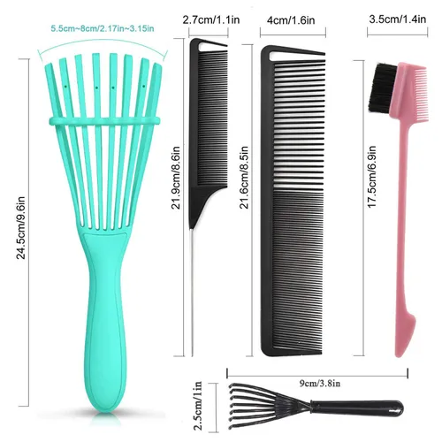 Miniatura 5 de Ez - Juego de 5 cepillos desenredantes para el cabello, cepillo desenredante con cepillo de borde, peines de cola de rata para peinar y cortar Juego