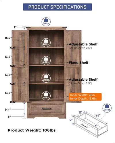 Miniatura 6 de Gabinete de despensa de cocina estilo granja - Gabinetes de almacenamiento de cocina de madera de 72" de alto con estantes ajustables y 2 puertas