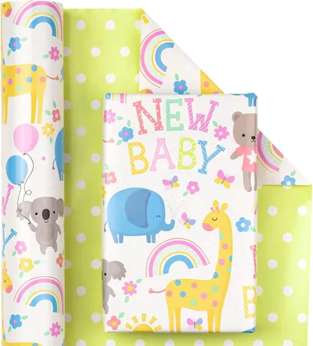 Miniatura 2 de WRAPAHOLIC - Papel de regalo reversible para baby shower de 30 pulgadas x 33 pies - Diseño de animales y nuevo bebé para baby shower neutral, New