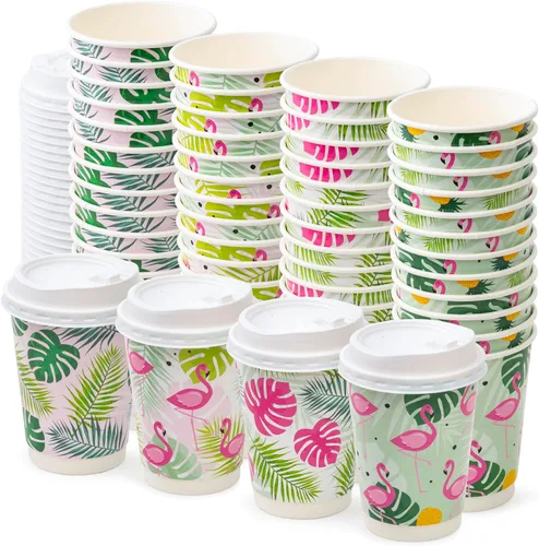 ROYAL BLUEBONNET 48 tazas de café de papel de flamenco con tapas, 12 onzas, lindas tazas de café desechables con tapas con 4 diseños diferentes de
