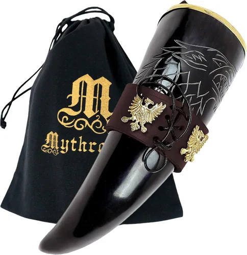 Miniatura 25 de Mythrojan Cuerno vikingo para beber 100% natural, auténtico, decoración de latón, cuerno nórdico con funda de cuero negro, bolsa de lona para vino
