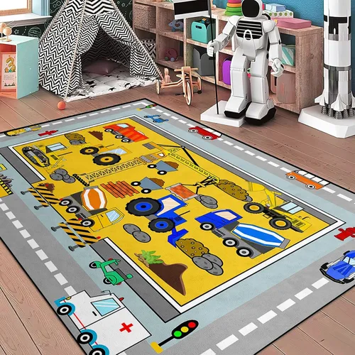 Miniatura 25 de Alfombras de construcción para habitación de niños de 2 x 3 pies, alfombra de juego para autos y camiones, alfombra de coche para niños, alfombra