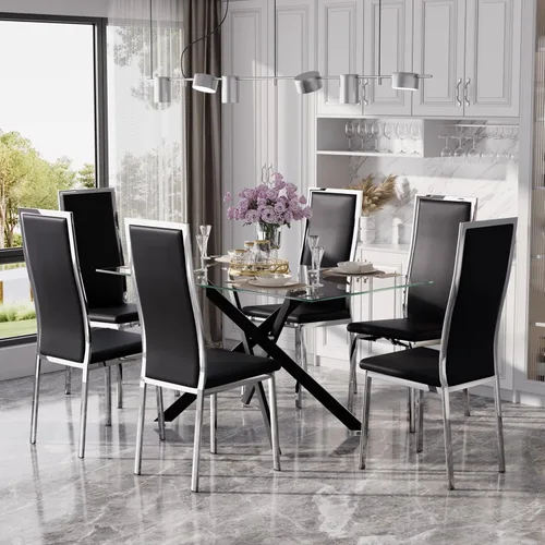Miniatura 34 de Juego de mesa de comedor de cristal dorado moderno de 63 pulgadas para 6, juego de mesa de cocina rectangular de 7 piezas con patas de acero Negro