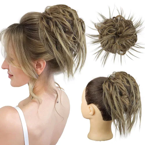 Miniatura 45 de HMD - Extensiones de cabello tipo chongo alborotado con rodelo despeinado, banda elástica de goma, extensiones de cabello sintético para mujer