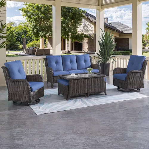 Miniatura 39 de HUMMUH Sillas Mecedoras Giratorias de Mimbre para Patio Exterior con Respaldo Alto, Sillas Deslizantes de Ratán PE, Juego de Muebles de Patio de 4