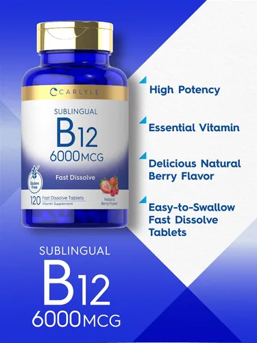 Miniatura 3 de Carlyle Vitamina B-12 6000mcg 120 tabletas de disolución rápida Sabor natural de bayas Cianocobalamina y metilcobalamina Suplemento