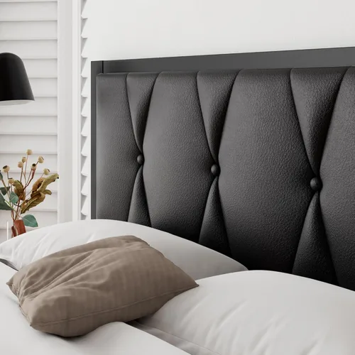 Miniatura 4 de iPormis Marco de cama tamaño matrimonial de metal, cama con cabecera tapizada con botones de piel sintética, soporte de listones resistentes, 30 cm