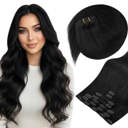 Sunny Hair - Extensiones de clip de cabello humano lacio - color negro (Off Black) - 24 pulgadas, 7 unidades, 4.23 onzas