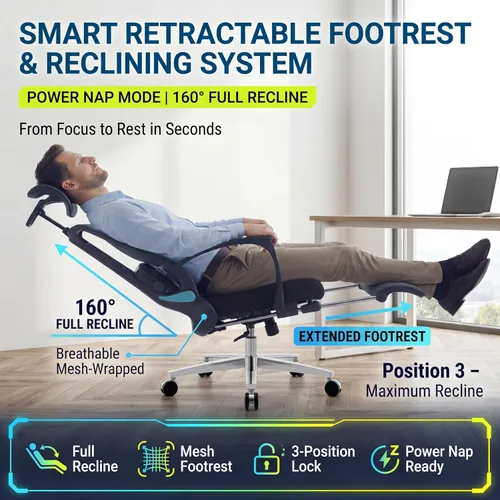 Miniatura 6 de Silla de oficina ergonómica con reposapiés y masajeador lumbar ajustable, respaldo alto, grande y alto, silla de escritorio con reposacabezas 5D