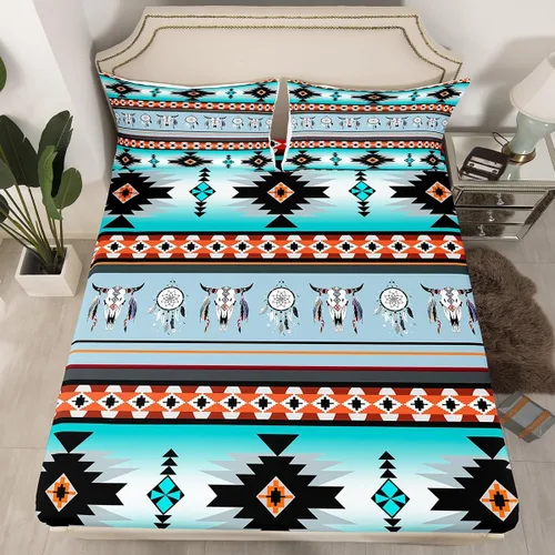 Miniatura 56 de Juego de ropa de cama de estilo bohemio occidental, tamaño individual, diseño de vaca atrapasueños, sábana bajera ajustable del suroeste, tribu