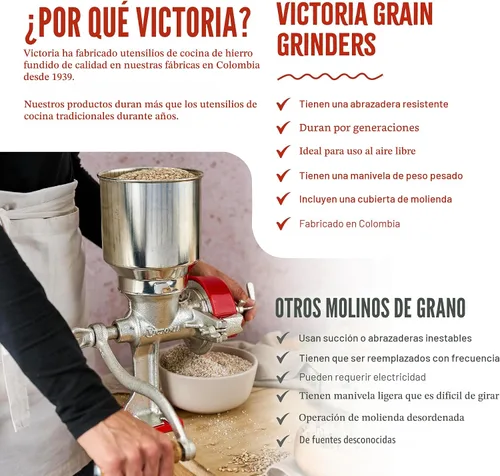 Miniatura 8 de Victoria Molino manual de grano de hierro fundido con tolva alta, molino de maíz premium y molinillo de granos, fabricado en Colombia