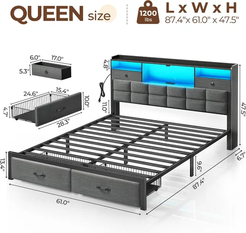 Miniatura 2 de Rolanstar Armazón de cama tamaño completo con cajones y estación de carga, cama de plataforma tapizada con cabecera de almacenamiento y luz LED
